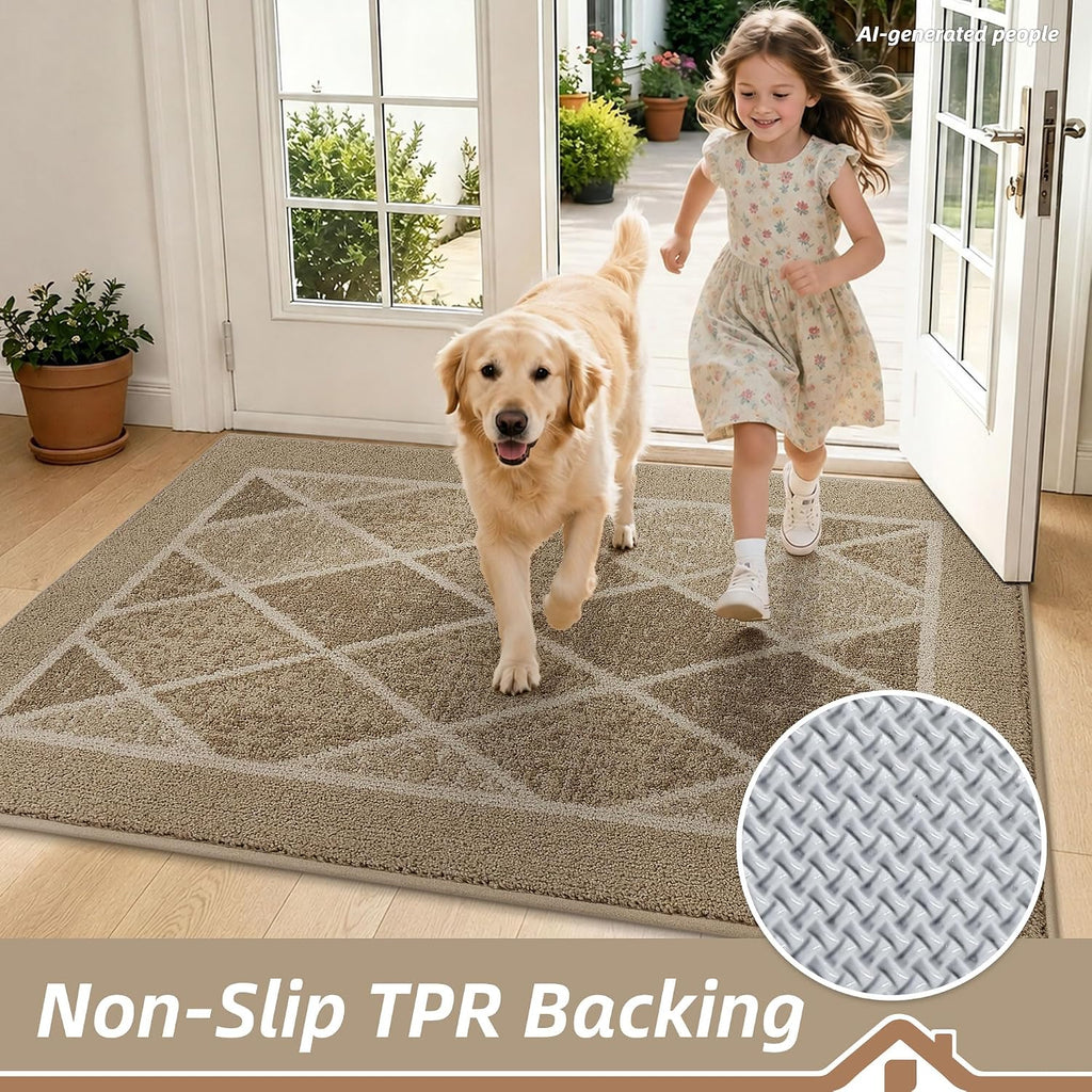 Dirt Trapper Door Mats 24" x 36", Non-Slip Washable, Beige | Doormat Indoor Entrance Low-Profile, Dirt Resistant and
