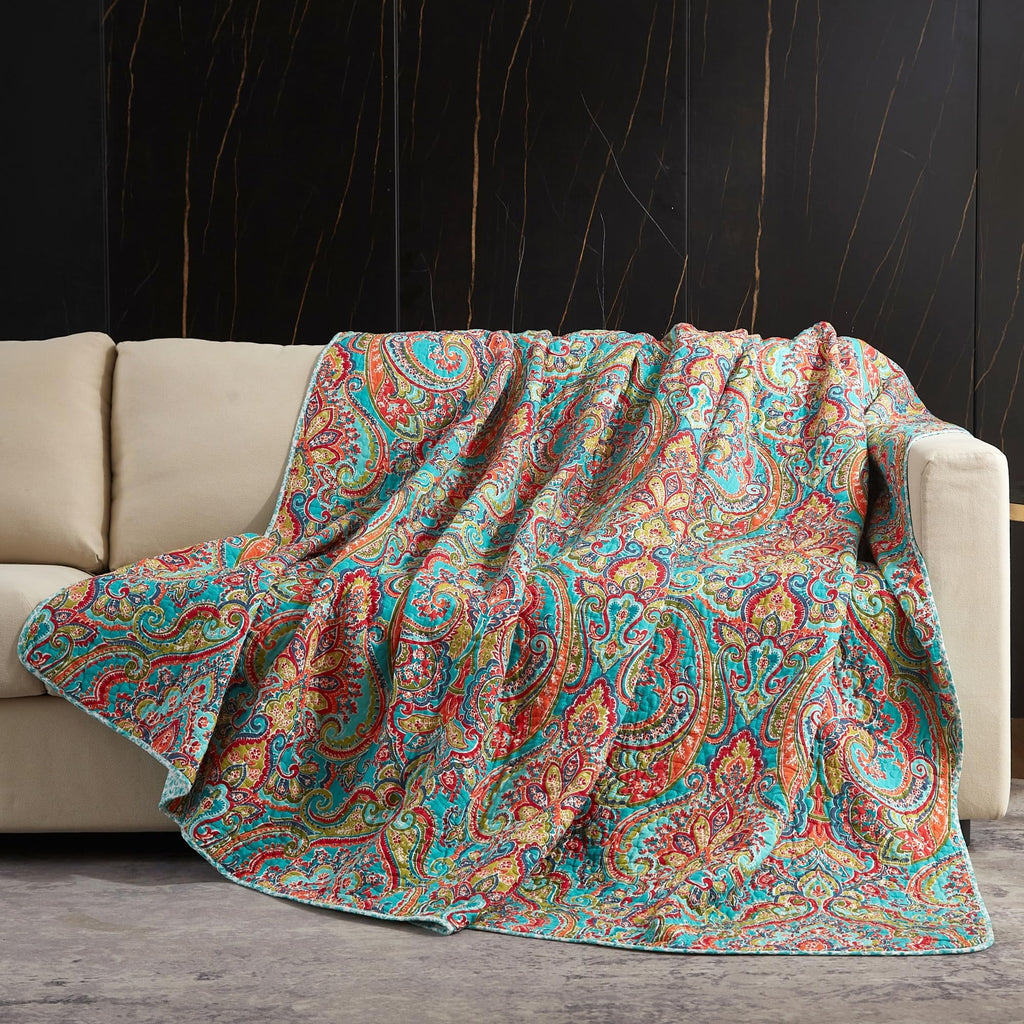 100% Cotton Boho Quilt Set King Size Vibrant Bohemian Paisley Bed Coverlet