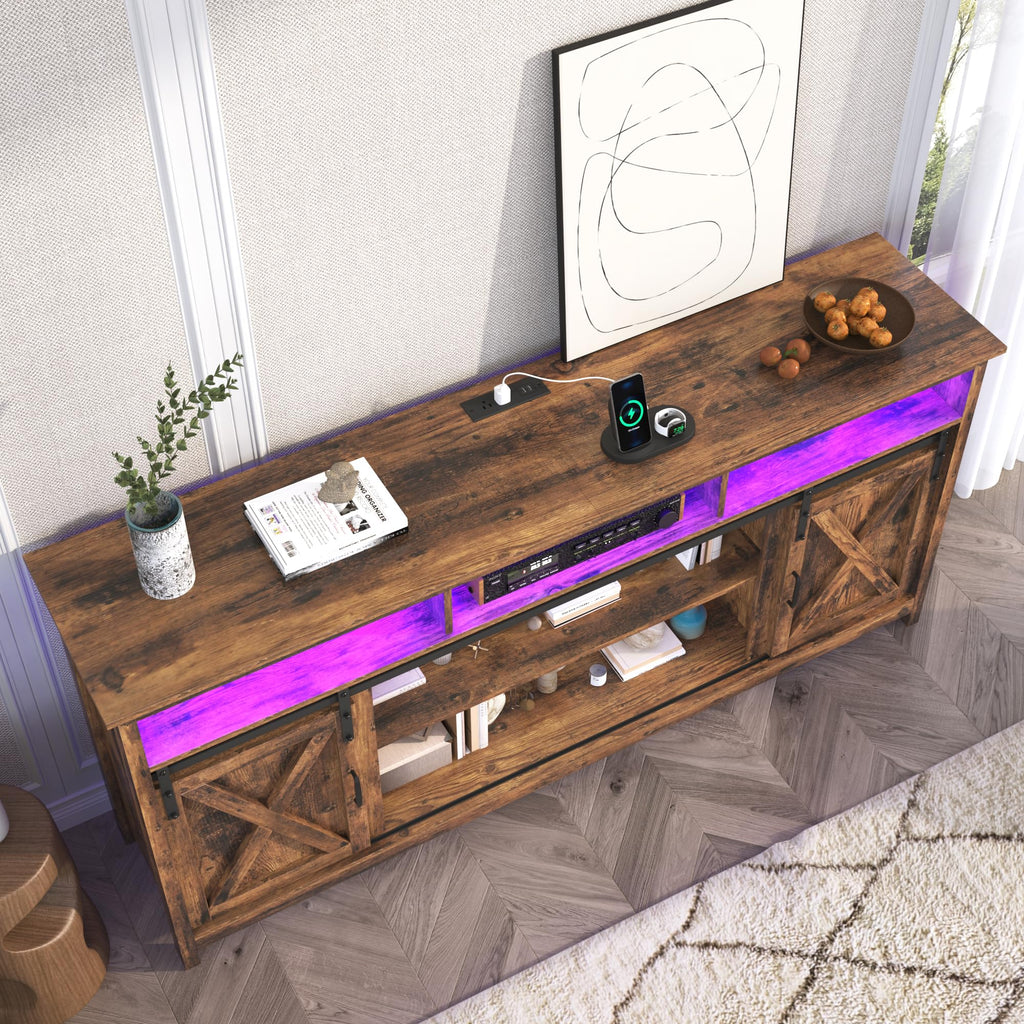 Farmhouse TV Stand for 80/75 Inch TV with Power Outlet, Entertainment Center with Storage and Sliding Barn Doors