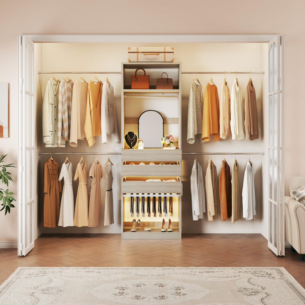 Closet System, 4-8 FT Closet Organizer with 3 Wood Drawers & Glass Top, Oak