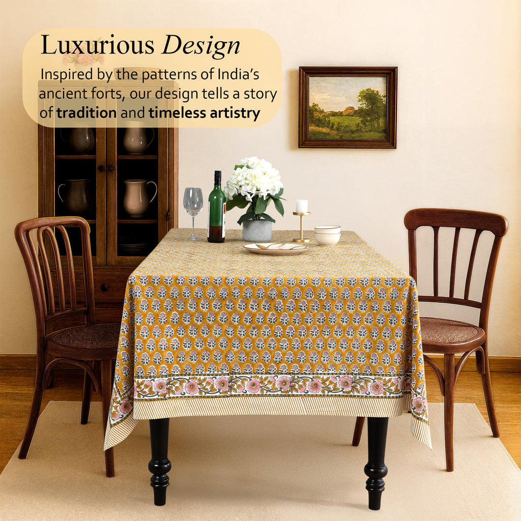 CPC Yellow Citrine Block Print 100% Cotton Rectangle Tablecloth 60x90 Inch