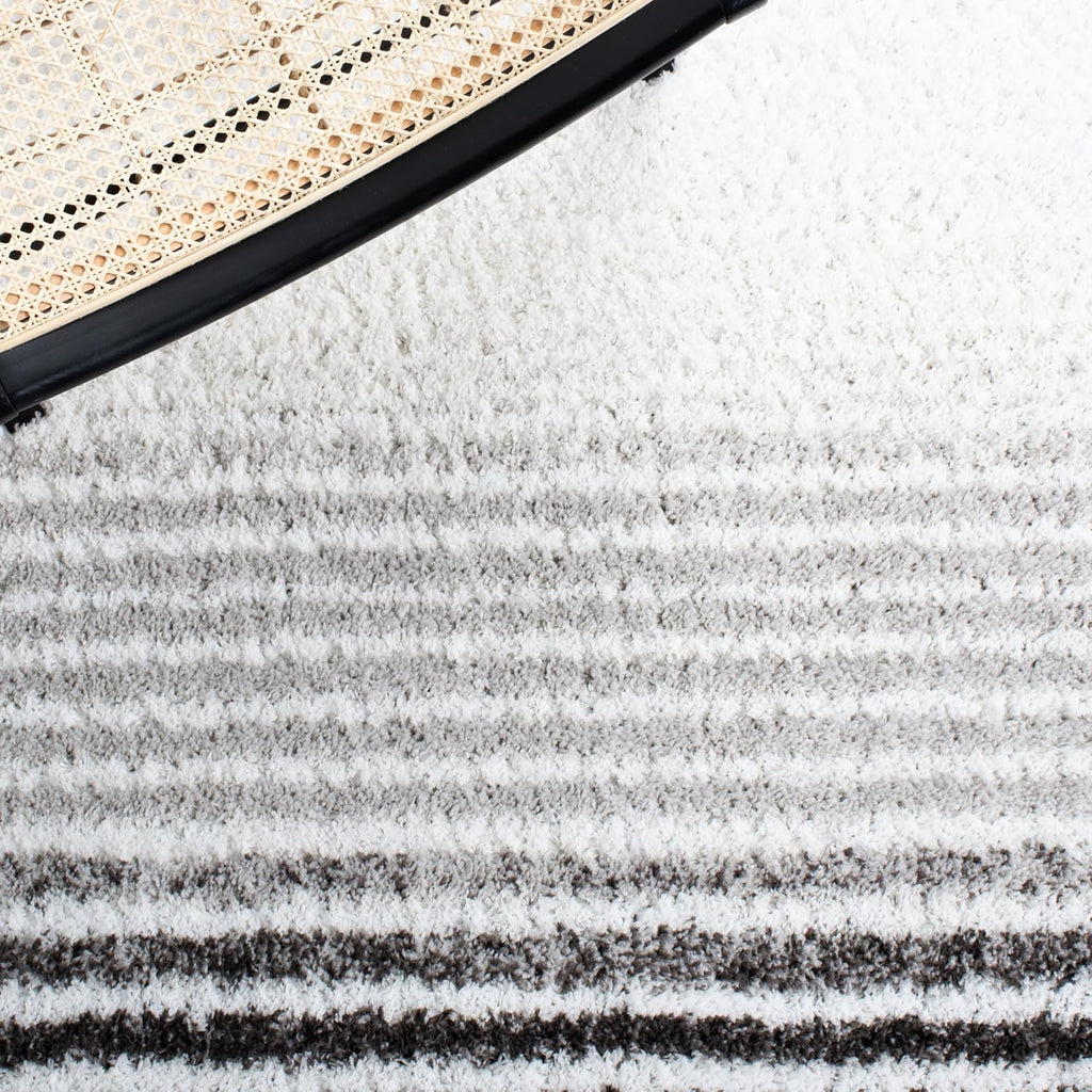 Berber Shag Collection Area Rug - 7' Square, Ivory & Grey, Stripe Design, Non-Shedding & Easy Care, 1.25-inch Thick
