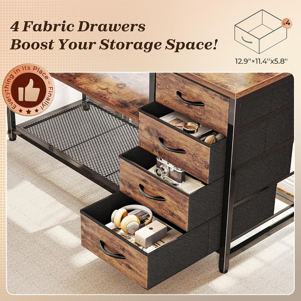 61" L Shaped Desk with Power Outlets & 4 Drawers | Reversible Computer Desk with 2 Storage Shelves, Large Corner