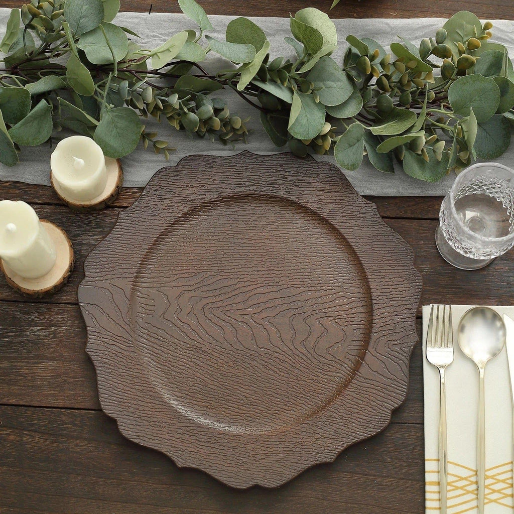 Rustic Brown 13 in Wooden Round Acrylic Charger Plates | 13-Inch Scalloped Trim Serving Dinnerware Set for Dinner