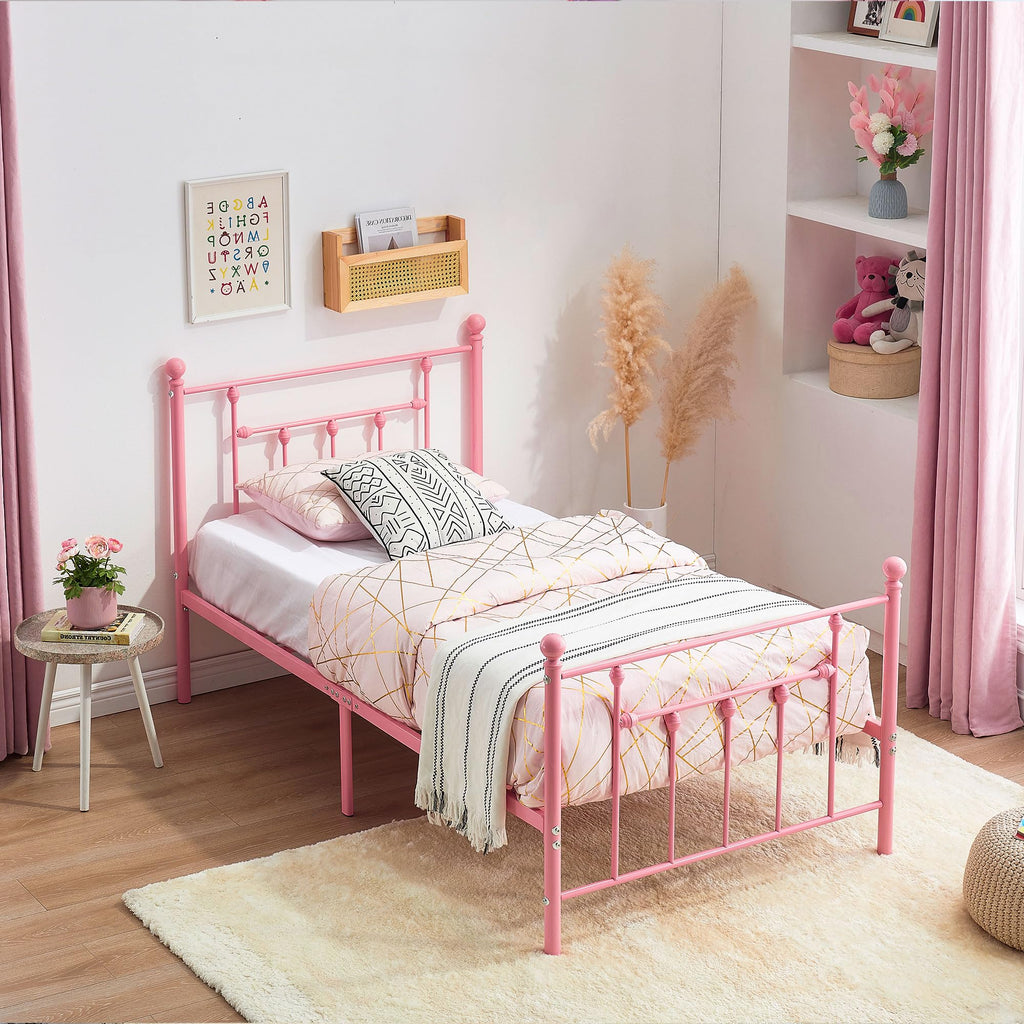Twin Size Metal Platform Bed Frame with Headboard and Footboard, Heavy Duty Slat Support/No Box Spring Needed