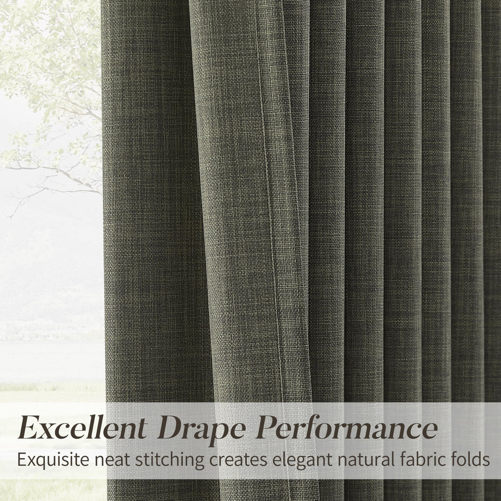 Pinch Pleated Linen Curtains Extra Long 132 Inches Green Drapes for 11 FT High Ceiling to Floor, Light Filtering