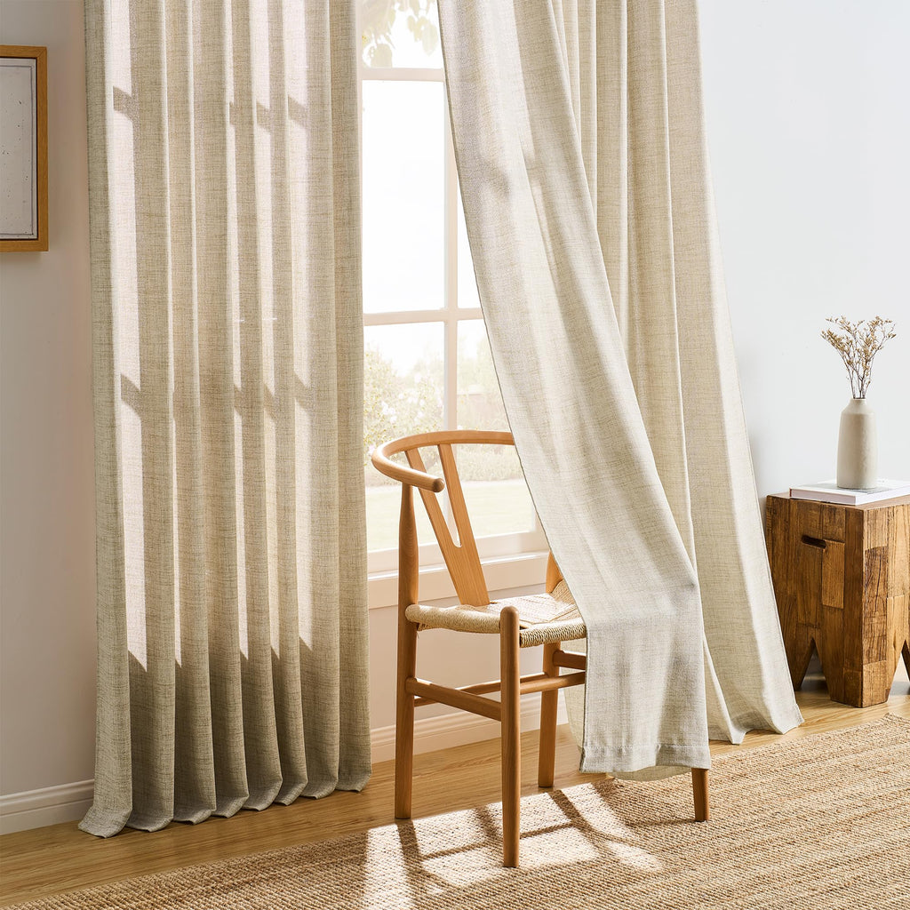 Beige Sheer Curtains 132 Inches Long with Pinch Pleat, Memory Trained Pleated Drapes Hooks Linen Textured Boho Extra