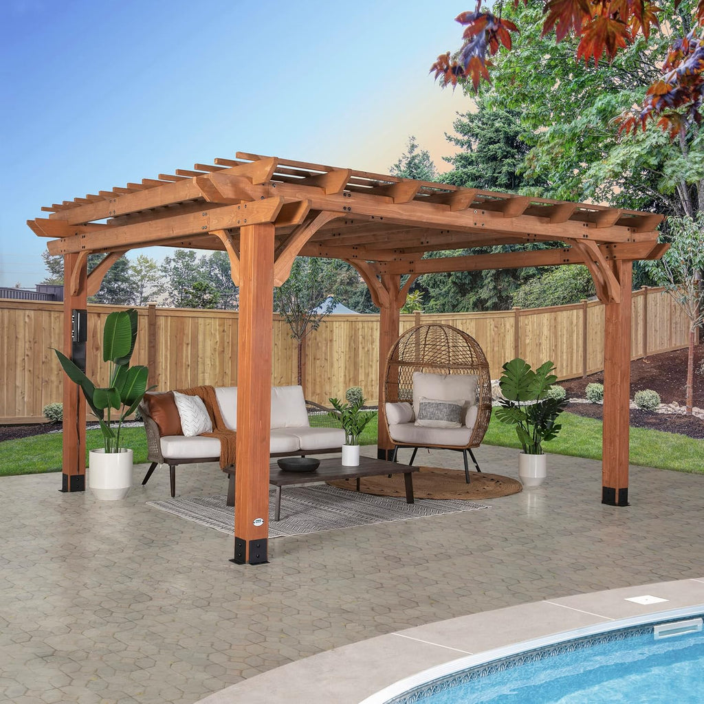 14' x 12' Traditional Cedar Wood Pergola Kit with Trellis Roof, All-Season Durability, High-Wind Rating