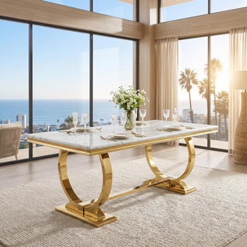White and Gold Dining Table, Faux Marble Top, Metal Frame and U-Base