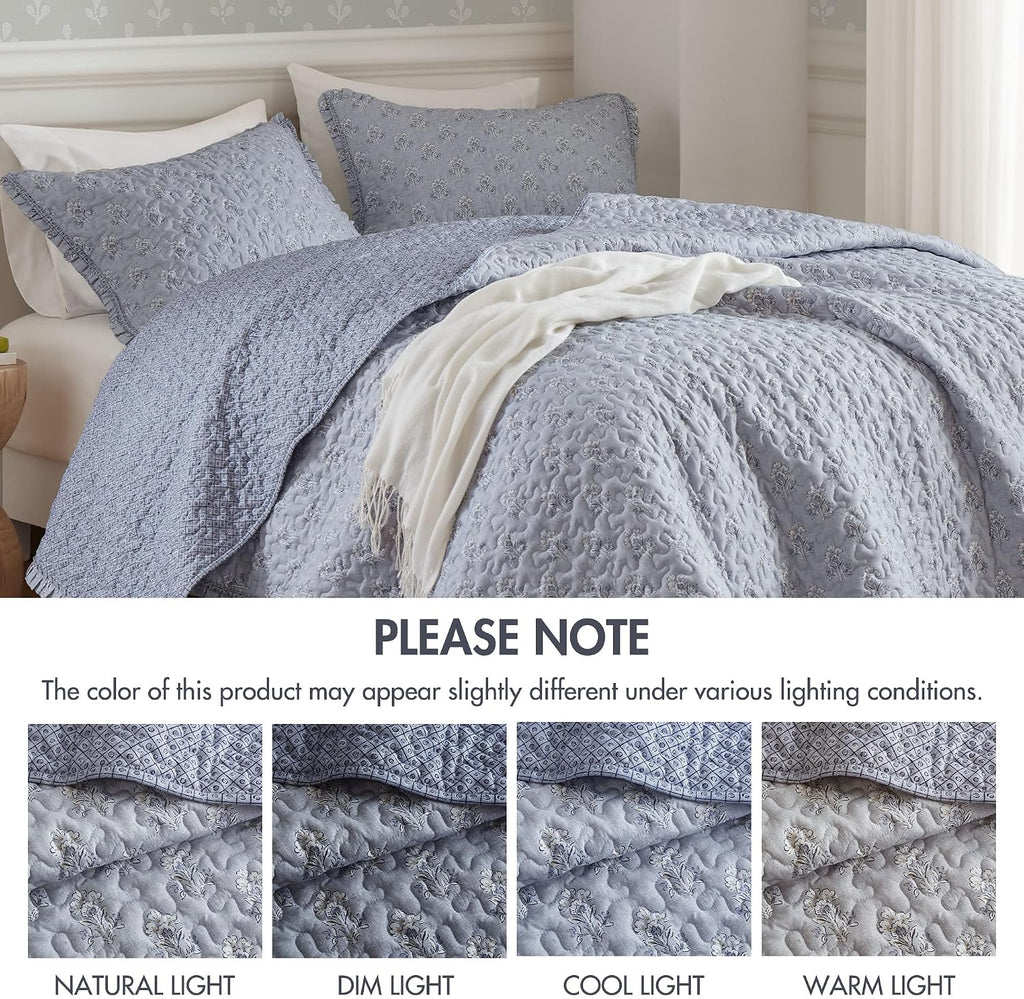 Vintage Floral Quilt Set Queen, Reversible Bedding & Lightweight Bedspread Set, Traditional Block Print Coverlets