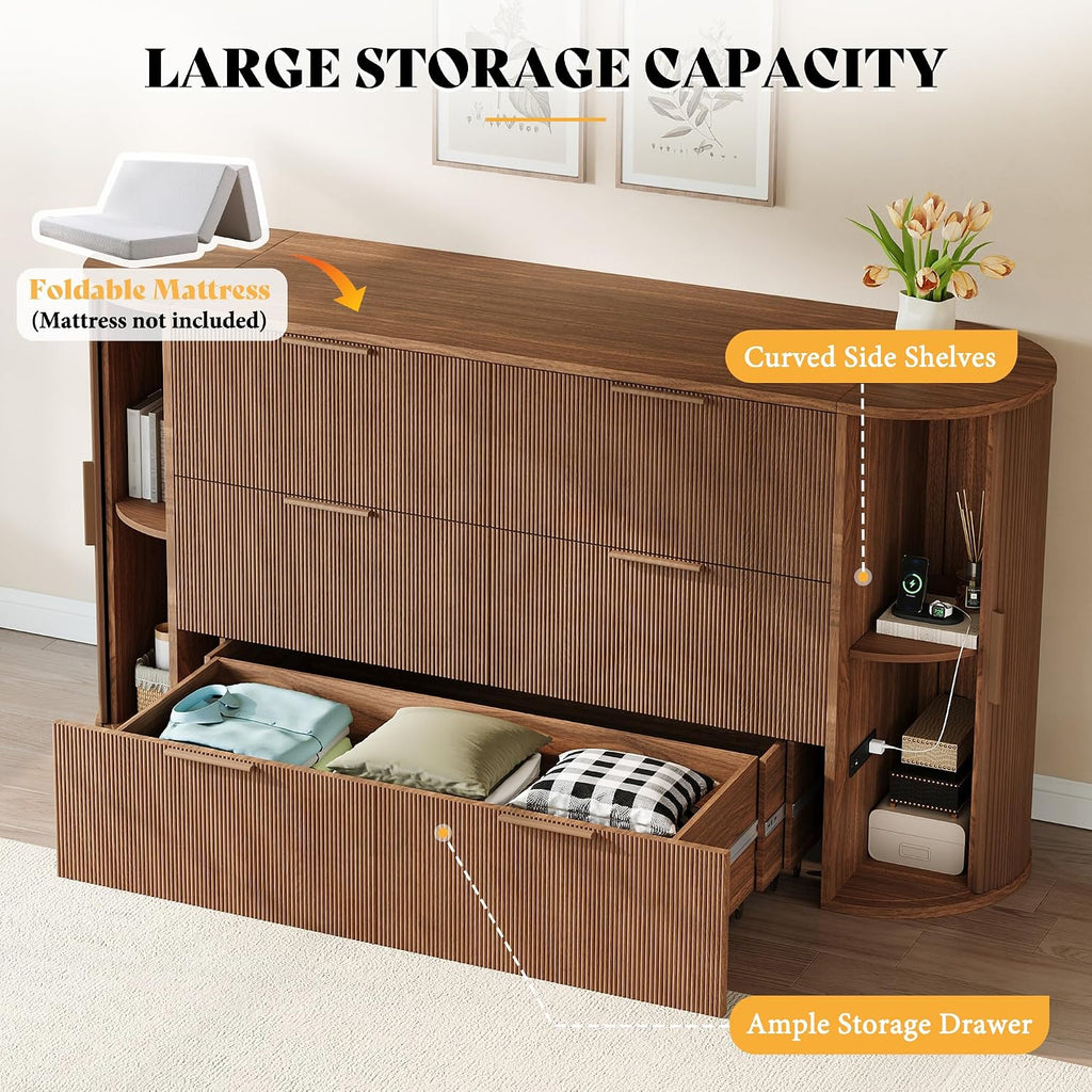 Full Murphy Bed with Storage Bedside Shelves & Sliding Tambour Door, Modern Cabinet Bed with Charging Station &