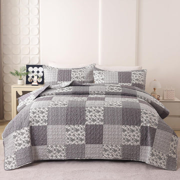 3Pcs Quilt Set, Floral Prints and Stripes with Patchwork Pattern, Soft Microfiber Lightweight Bedspread for