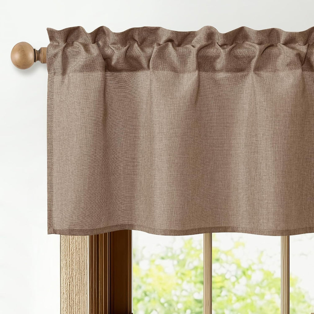 Faux Linen Window Valance - Khaki Light Filtering Rod Pocket Farmhouse Valances , 42x12 Inch, 1 Panel