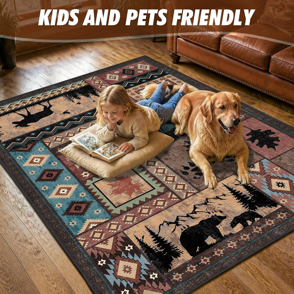 Rustic Cabin Area Rug, Washable Southwestern Country Lodge Bear Rug, Non-Slip Low Pile Wildlife Animal Carpet