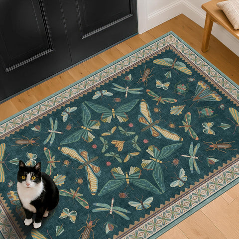 Teal 3x5 Entryway Rug - Door Rug Indoor for Large Kitchen, Living Room, Washable Low Pile Insect Déc