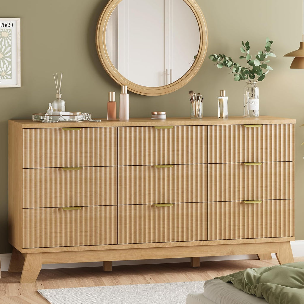 Fluted Dresser with 9 Drawers, 57" Wide Modern Chest of Drawers with Metal Handle, Wooden Dresser TV Stand, Wood