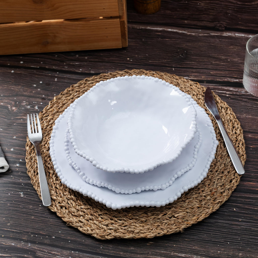 White Beaded Melamine Dinnerware Set, 18 piece Plates and Bowl Set