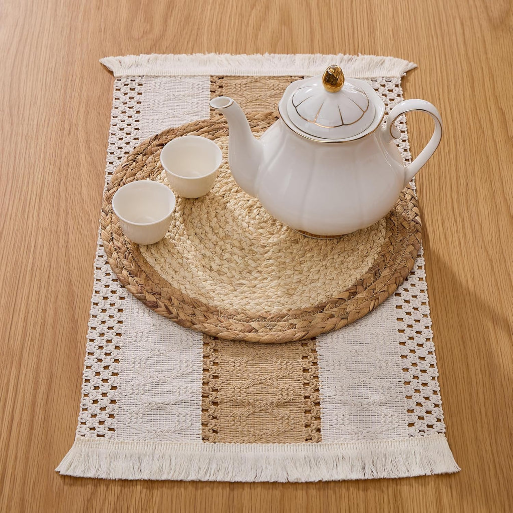 Handmade Boho Placemats - Natural Cotton Burlap and Water Straw Woven Rattan Wicker Braided Combination - Set of 6