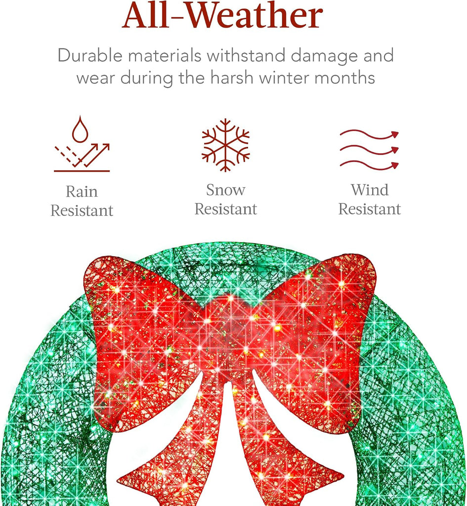 36in Pre-Lit Outdoor Christmas Wreath Decoration, LED Metal Holiday Decor w/ 120 Lights, Bow - Green/Red