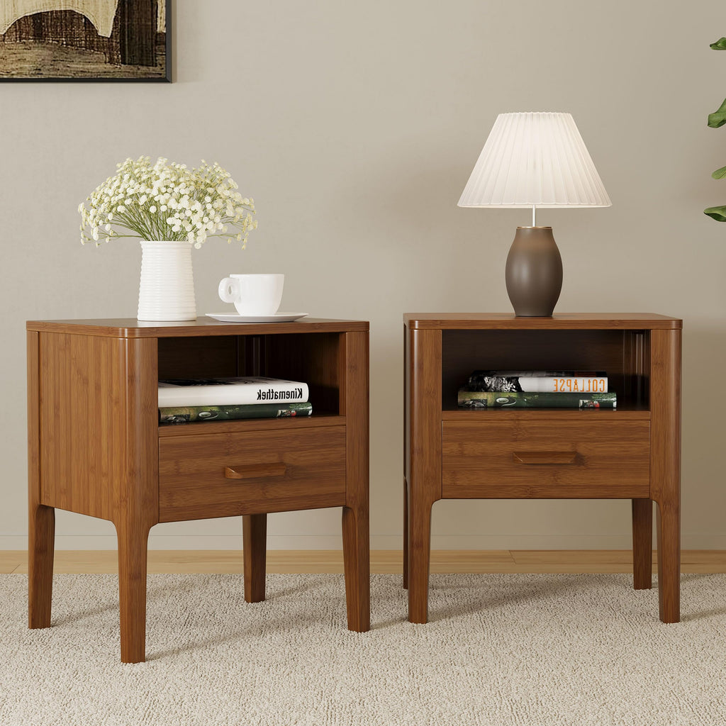 Mid-Century Modern Nightstand with Drawer and Open Shelf, Bamboo Wood Bedside Table, Brown
