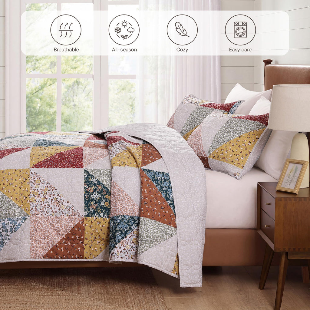 Quilt Set-3 Pieces Soft Bedding Lightweight Floral Patchwork Coverlet