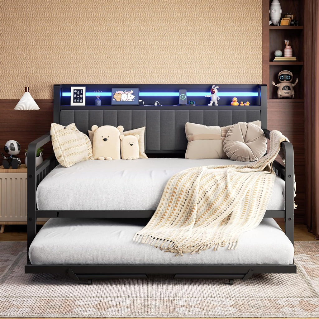 Daybed with Trundle and LED Light, Heavy Duty Metal Full Bed Frame with Upholstered Storage Headboard & Charging
