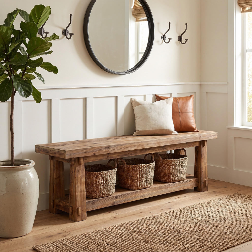 55" Wood Entryway Bench with Shoe Storage, Rustic Dining Bench