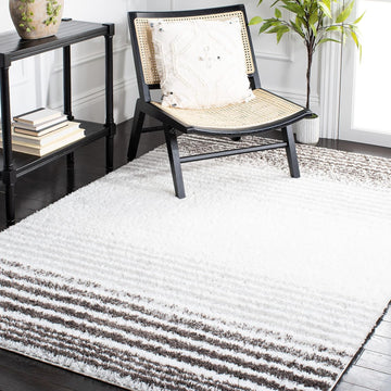 Berber Shag Collection Area Rug - 7' Square, Ivory & Grey, Stripe Design, Non-Shedding & Easy Care, 1.25-inch Thick