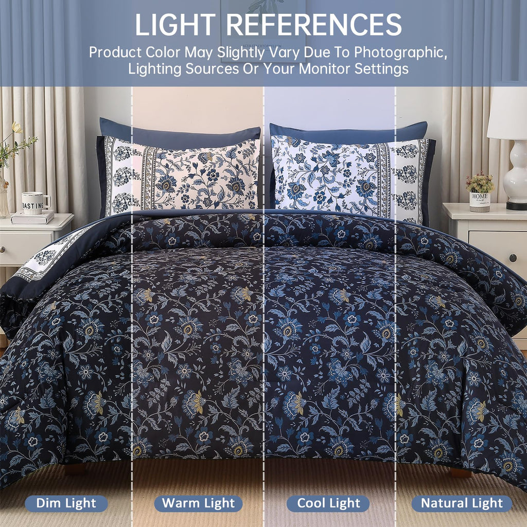 Comforter Set Queen Size Boho, Reversible Blue Bedding Paisley Floral