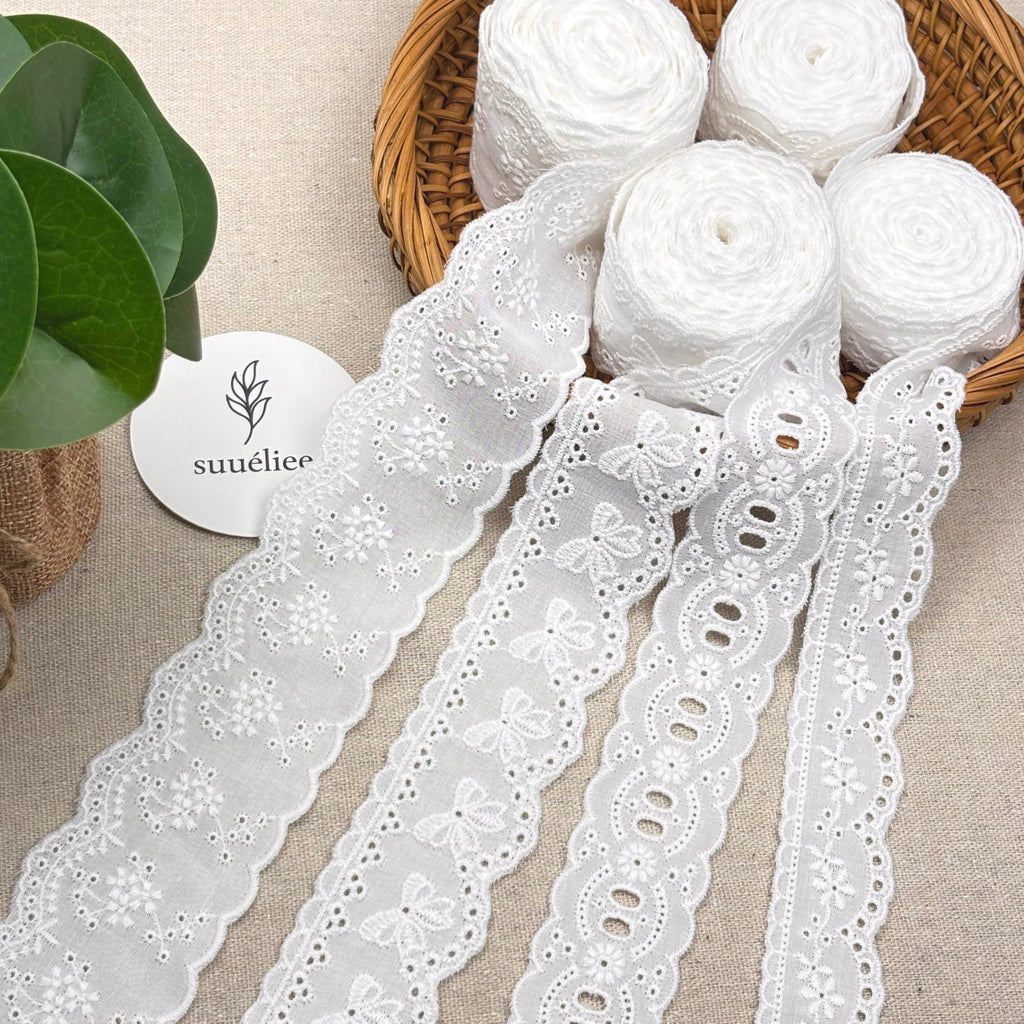 White Cotton Eyelet Lace Ribbon, Floral Embroidery Lace Trim with Wavy Scalloped Edge, Vintage Lace Sewing Trim for