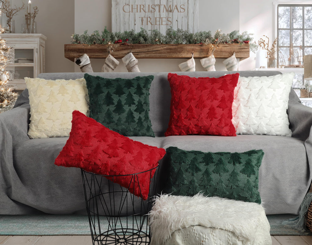 Christmas Tree Decorative Pillow Covers 16x16 Set of 2, Green Soft Plush Faux Fur Farmhouse Throw Cushion Cases for