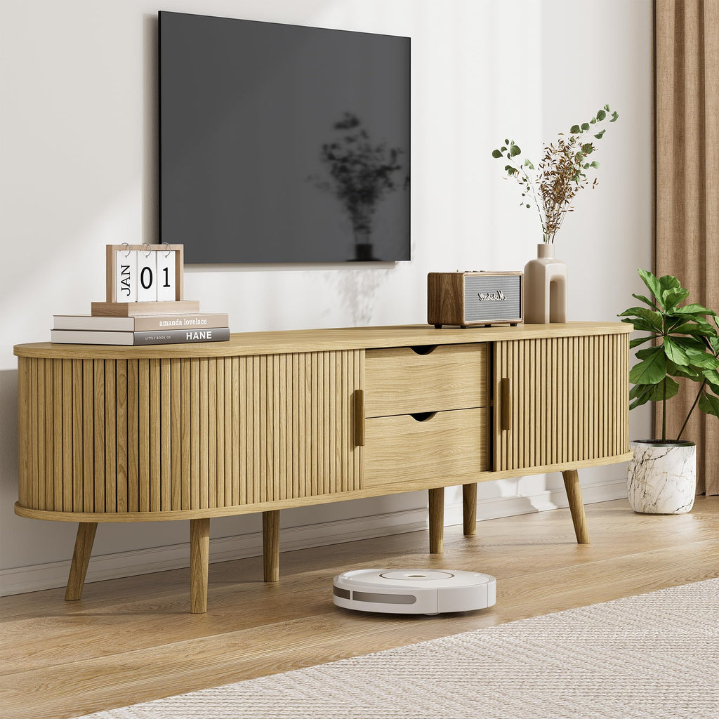 69" Fluted TV Stand, Mid Century Modern TV Stand Fits TVs Up to 75", Wood Entertainment Center, Farmhouse TV and