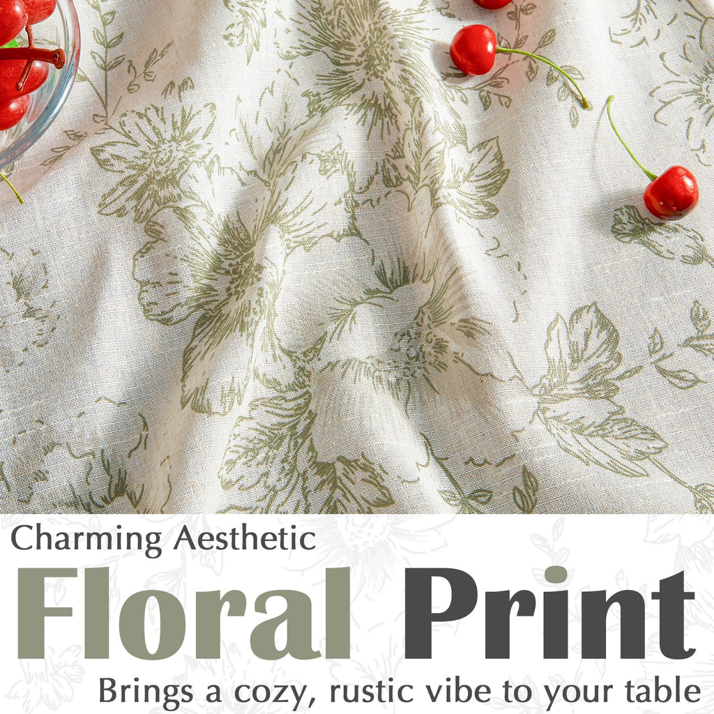 Green Floral Linen Blend Rectangle Table Cloth 52 x 70 Inch