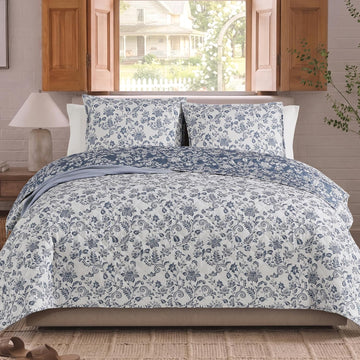 Quilt Set Queen, Oxford Blue Floral Quilt Sets, Reversible Bedspread Lightweight and Breathable for All Seasons, Soft