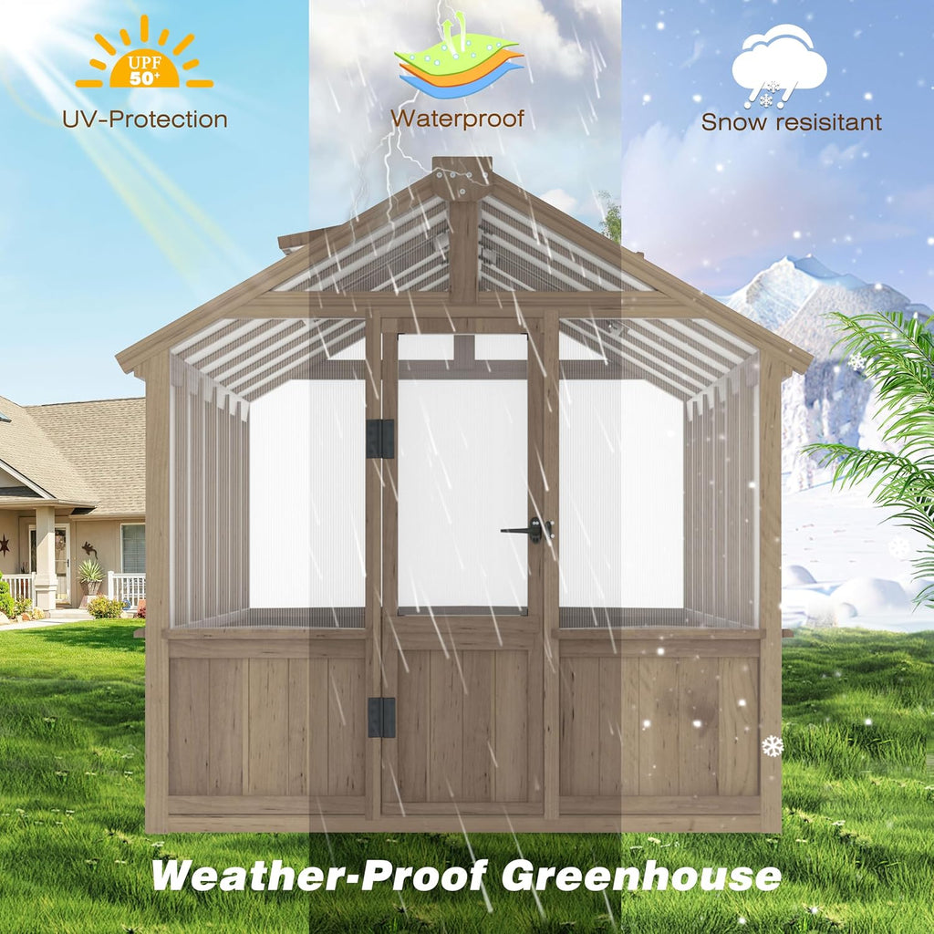 6 x 12 FT Wooden Polycarbonate Greenhouse, Outdoor Green House Kit with Ventilated Window and Lockable Door, Walk-in