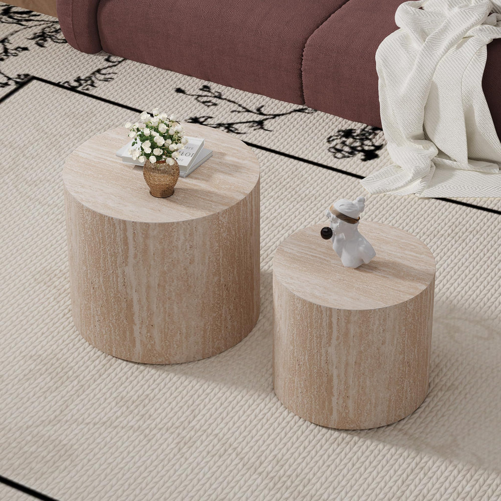 Round Nesting Coffee Set of 2, Wood Side, Travertine