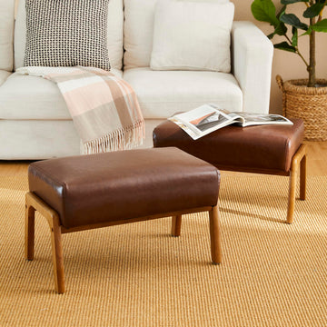 Rectangle Ottoman Bench Set of 2, Modern Coffee Leatherette Footstool with Walnut Rubberwood Legs