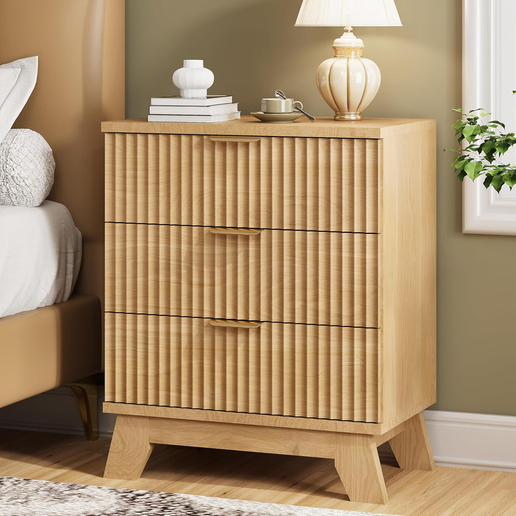 Fluted Nightstand, 24" Wide Side Table with 3 Large Storage Drawers, Mid Century Modern Wood Night Stand with Metal