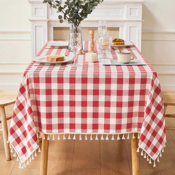 Gingham Tablecloth Square Cotton Linen Fabric Checkered Table Cloth with Tassel Washable Wrinkle Free Buffalo Plaid