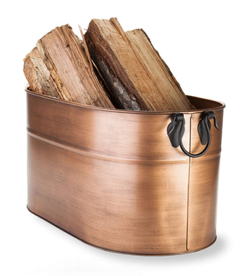 Vintage-Style Antique Copper Firewood Bucket with Wrought Iron Handles | Decorative Firewood Rack | Galvanized Steel