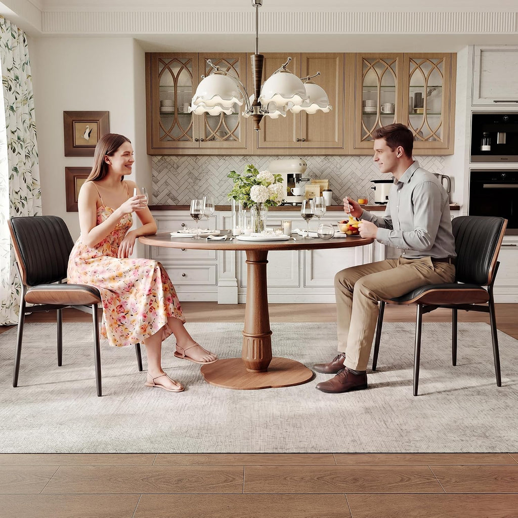Leather Dining Chairs Set of 2, Modern Upholstered Dining Room Kitchen Chairs with Metal Legs and Wooden Back Support