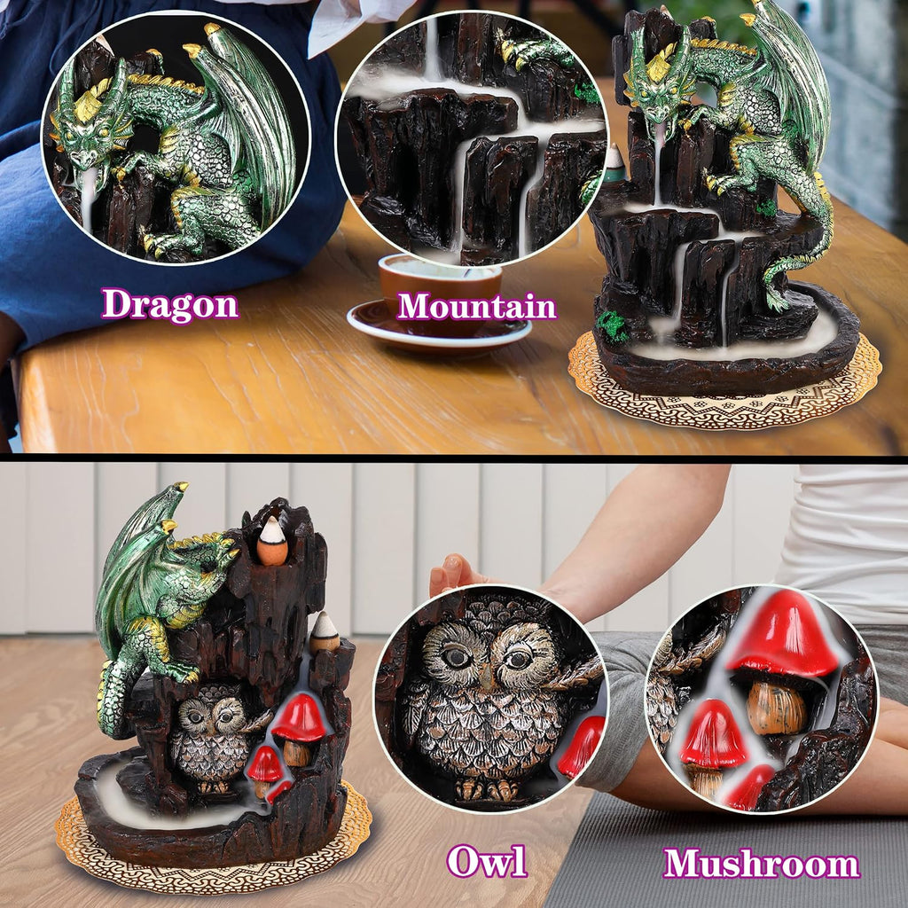 Dragon Backflow 2 Sided Mountain Waterfall Incense Burner,Fountain Smoke Incense Holder with Backflow Incense Cones