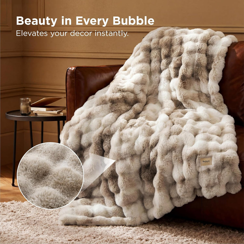 Soft Fluffy Faux Fur Throw Blanket, Fuzzy Fleece Bubble Blanket Cozy Gifts for Women Men Teen Girls, Taupe Brown