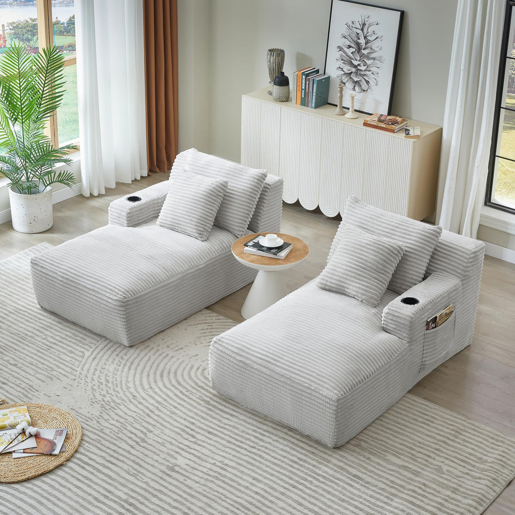 Oversized Double Chaise Lounge Indoor with Cup Holders & Side Pocket, 71" Plush Corduroy Boneless Chaise Lounge Sofa