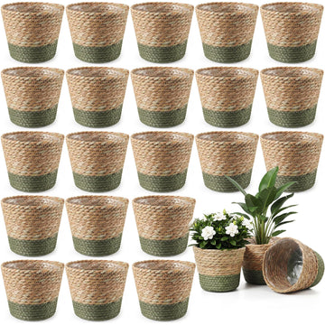 24 Pcs Wicker Plant Basket Bulk with Liners Woven Planter Baskets Bulk for Indoor Outdoor Seagrass Plants Woven