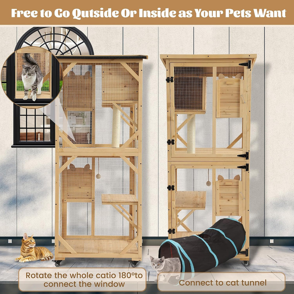 71" Catio Outdoor Cat Enclosure Window Access, Original Wood
