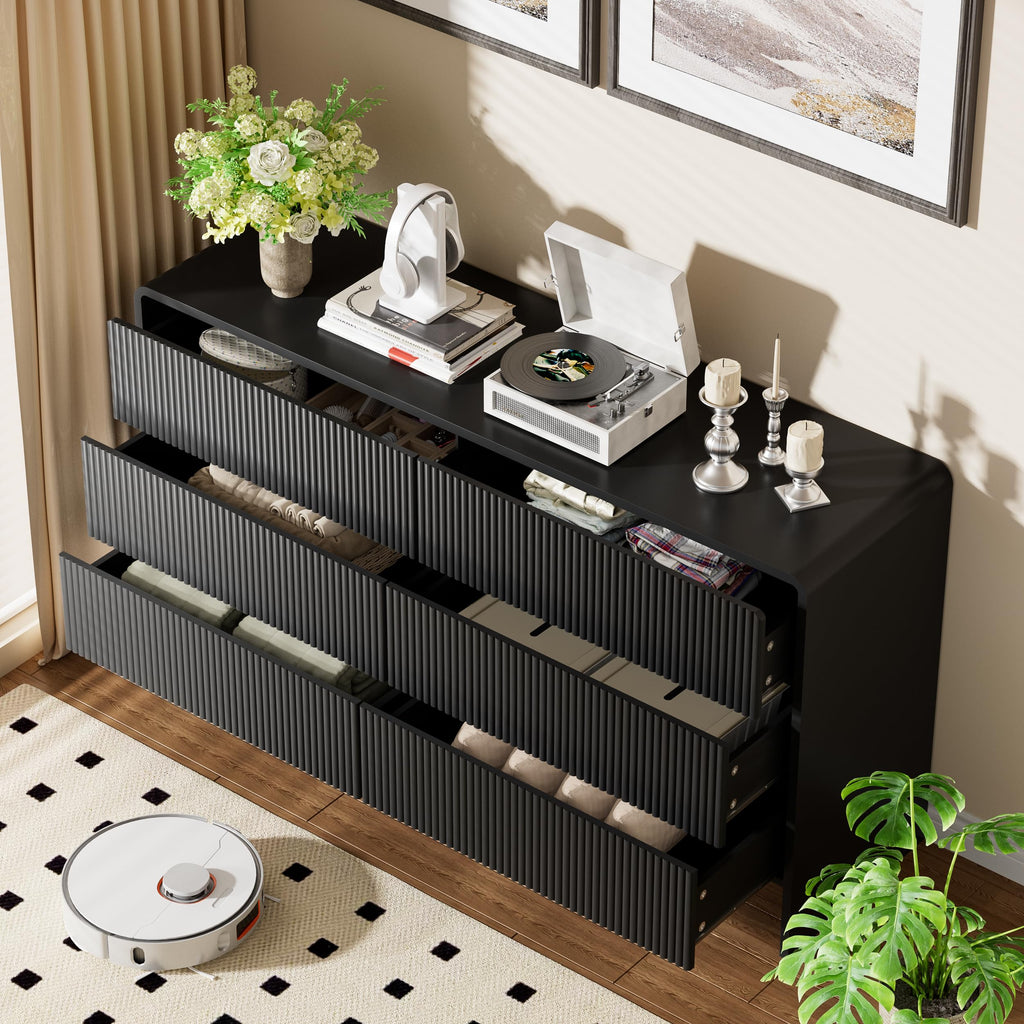 Black 6 Drawer Dresser, 55.1" Wide Chest of Drawers