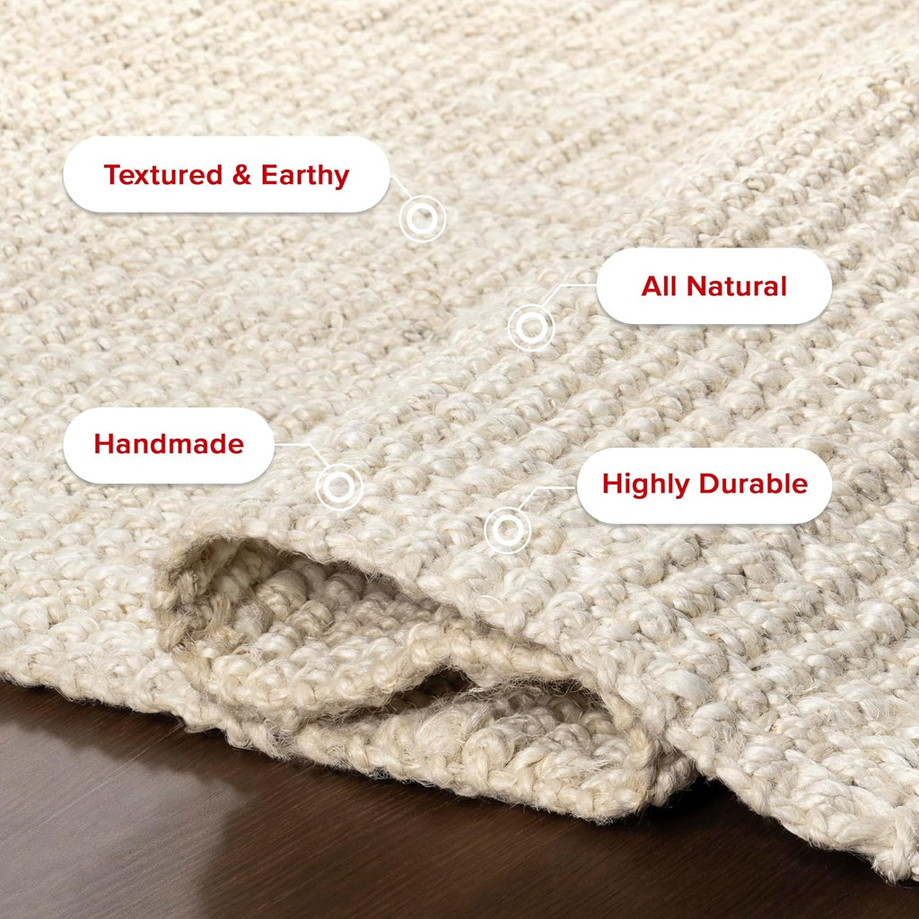 9x12 Daniela Jute Tassel Hand Woven Area Rug, Off White, Solid Chunky Farmhouse Design, Natural Fiber