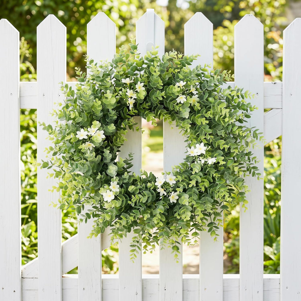 24" Large Eucalyptus Wreath for Front Door - All Season Artificial Greenery Wreath with White & Yellow Blossoms