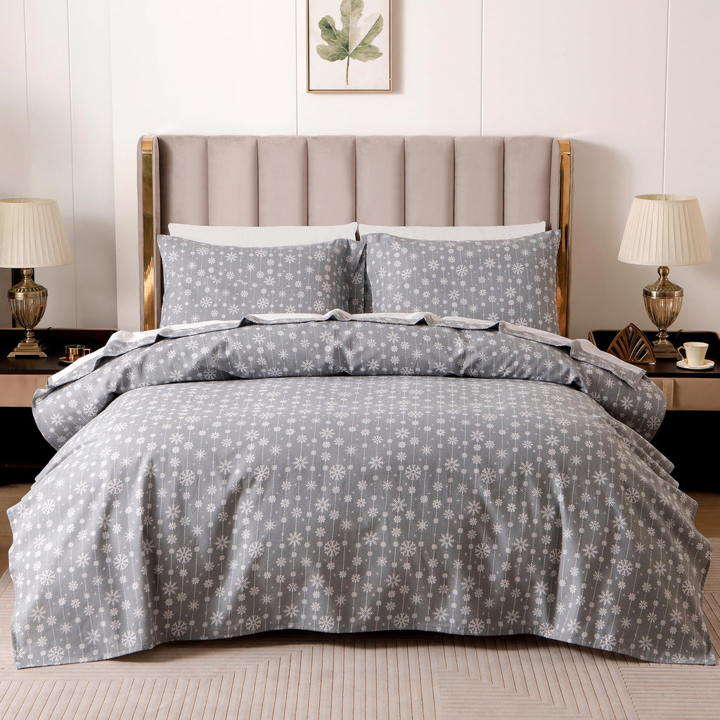 Holiday Christmas Flannel Sheet Set, Queen, Snowflake Gray